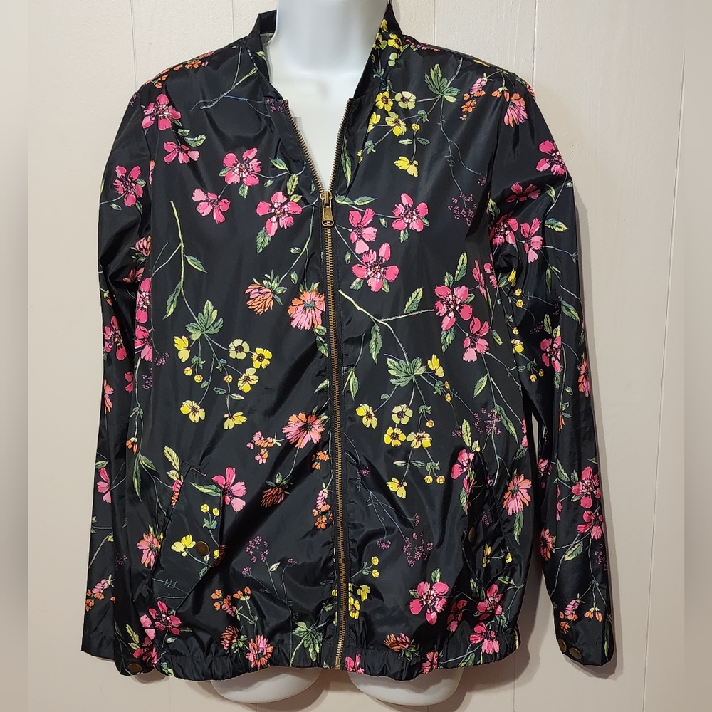 Signature Weekend Jacket Windbreaker Medium Black Floral Multicolor‎ Rain B42